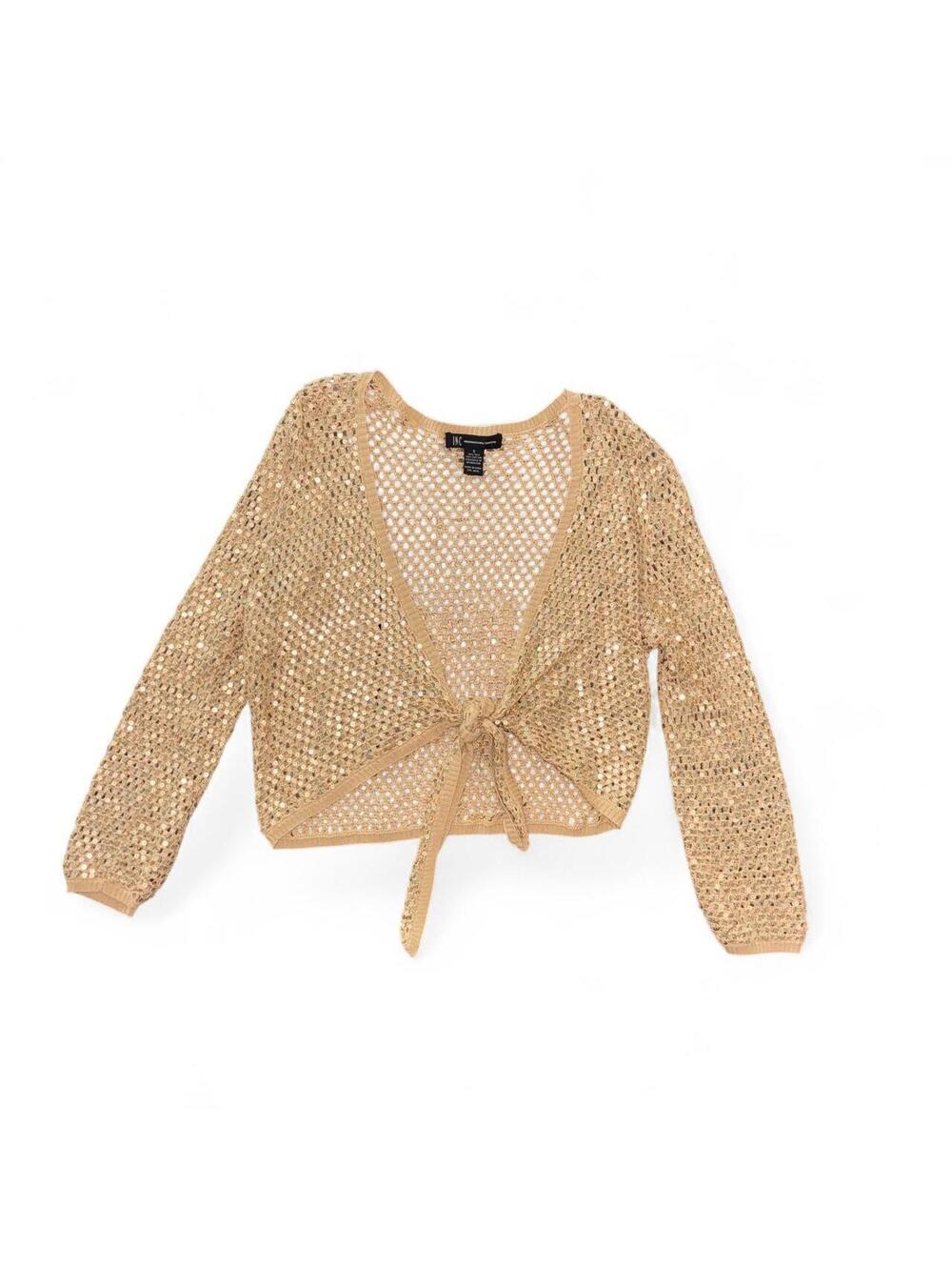 INC Silk Blend Gold Sequin Open Knit Tie Front Cropped Cardigan Sweater Small